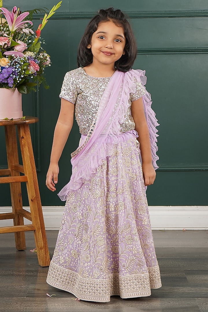 Lavender Net Embroidered Lehenga Set For Girls by SHRUTI JALAN at Pernia's Pop Up Shop