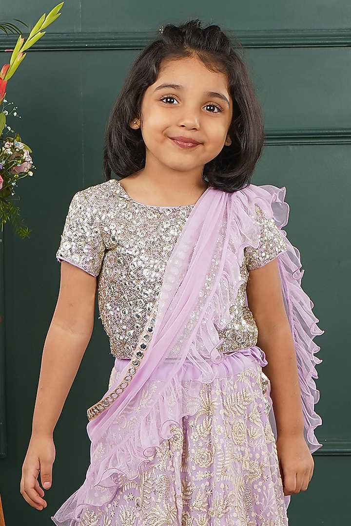 Lavender Net Embroidered Lehenga Set For Girls by SHRUTI JALAN at Pernia's Pop Up Shop
