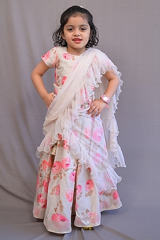 Beige & Pink Silk Printed Lehenga Set For Girls by SHRUTI JALAN
