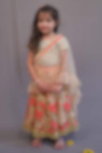 Peach & Coral Net Printed Lehenga Set For Girls by SHRUTI JALAN at Pernia's Pop Up Shop