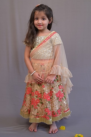 Peach & Coral Net Printed Lehenga Set For Girls by SHRUTI JALAN
