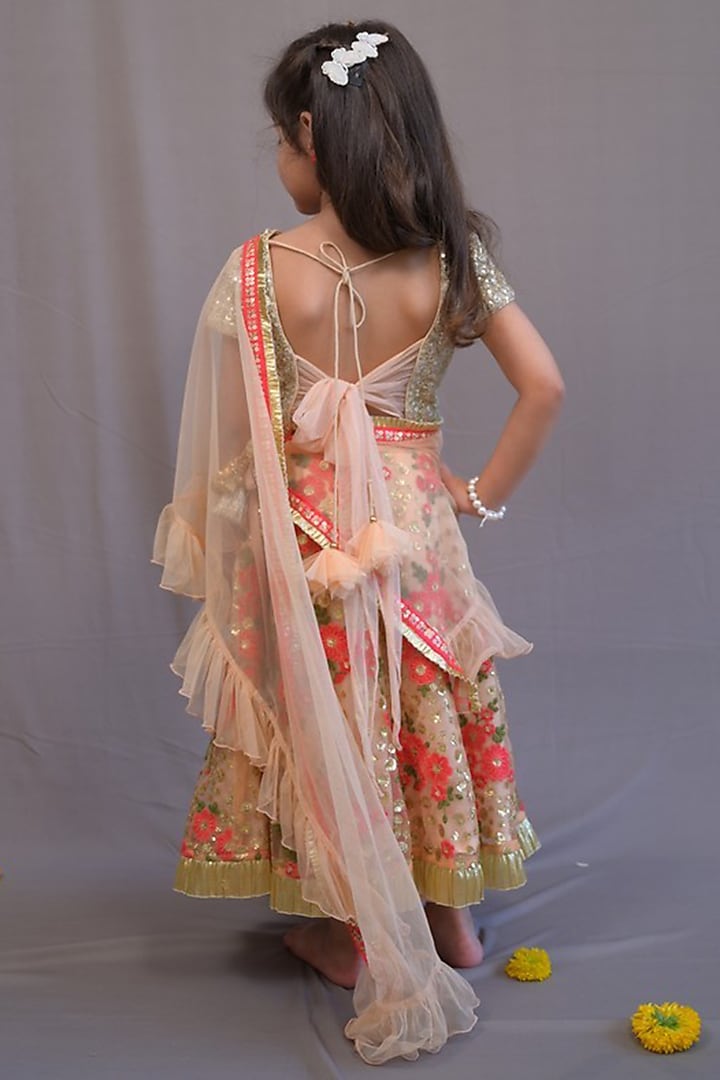 Peach & Coral Net Printed Lehenga Set For Girls by SHRUTI JALAN at Pernia's Pop Up Shop