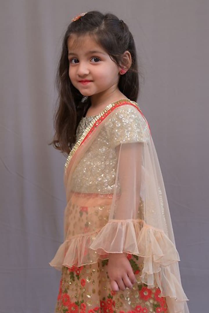 Peach & Coral Net Printed Lehenga Set For Girls by SHRUTI JALAN at Pernia's Pop Up Shop