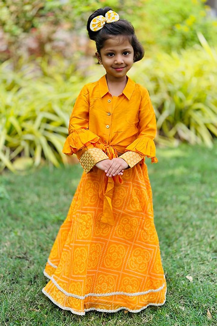 Yellow Kota Bandhej Skirt Set For Girls by SHRUTI JALAN at Pernia's Pop Up Shop