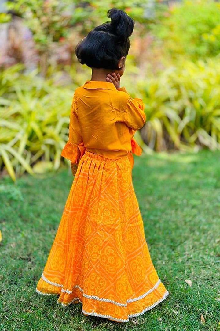 Yellow Kota Bandhej Skirt Set For Girls by SHRUTI JALAN at Pernia's Pop Up Shop