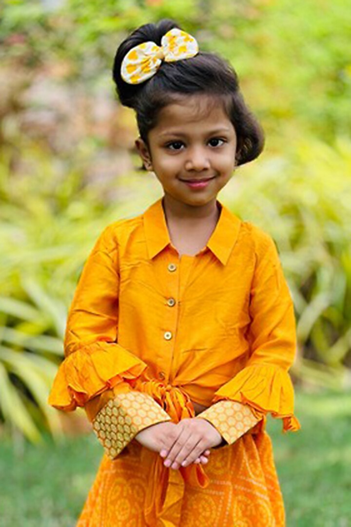 Yellow Kota Bandhej Skirt Set For Girls by SHRUTI JALAN at Pernia's Pop Up Shop