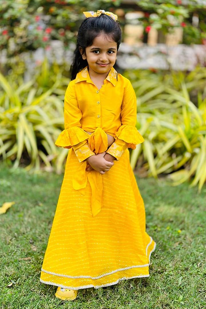 Yellow Kota Leheriya Skirt Set For Girls by SHRUTI JALAN at Pernia's Pop Up Shop