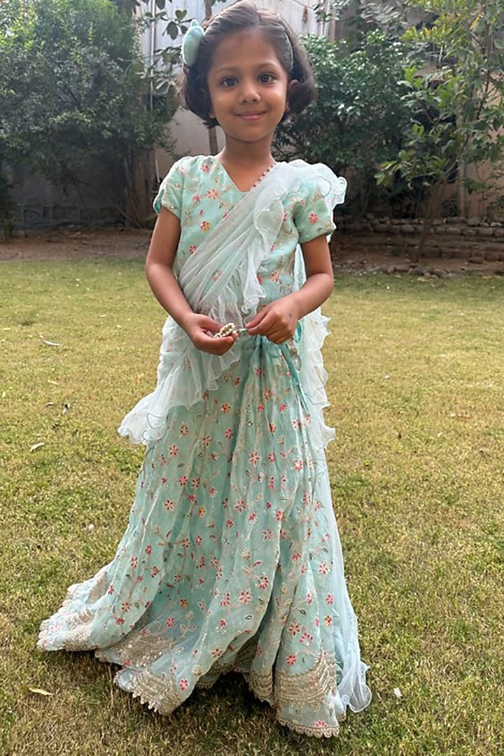 Light Blue Chanderi Embroidered Lehenga Set For Girls by SHRUTI JALAN at Pernia's Pop Up Shop