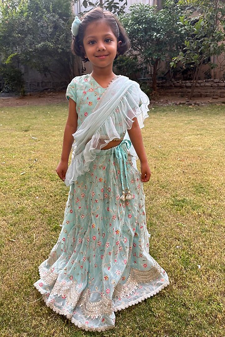 Light Blue Chanderi Embroidered Lehenga Set For Girls by SHRUTI JALAN at Pernia's Pop Up Shop