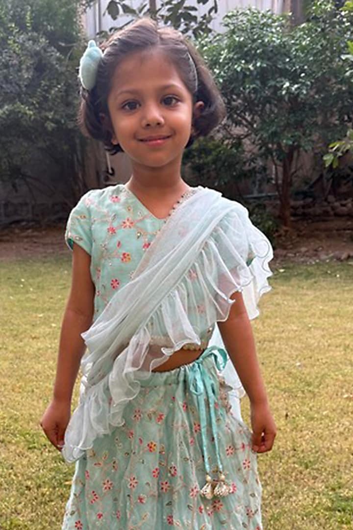 Light Blue Chanderi Embroidered Lehenga Set For Girls by SHRUTI JALAN at Pernia's Pop Up Shop