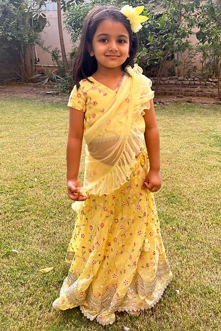 Light Blue Chanderi Embroidered Lehenga Set For Girls by SHRUTI JALAN at Pernia's Pop Up Shop