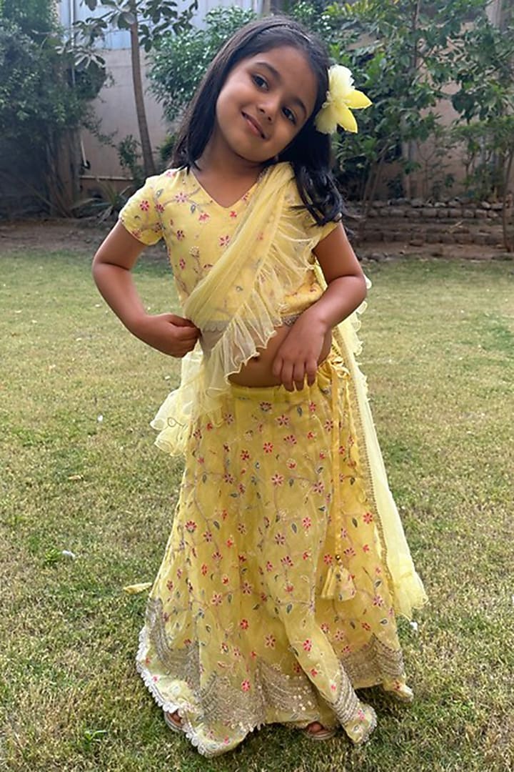 Light Blue Chanderi Embroidered Lehenga Set For Girls by SHRUTI JALAN at Pernia's Pop Up Shop
