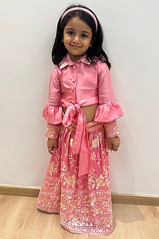 Pink Georgette Embroidered Lehenga Set For Girls by SHRUTI JALAN