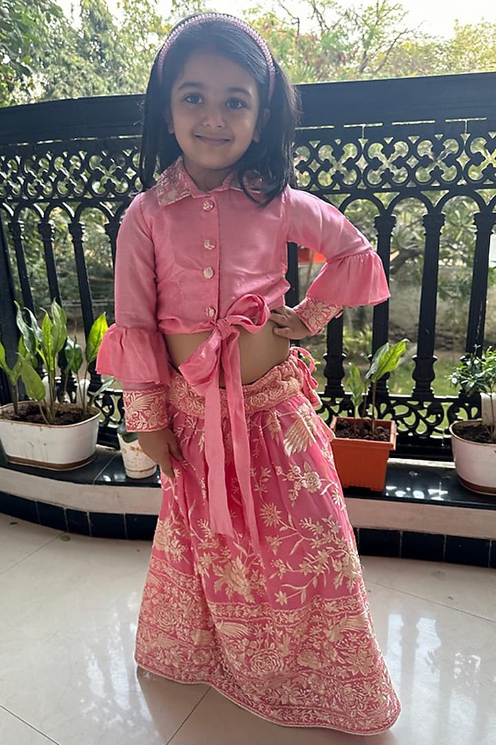 Pink Georgette Embroidered Lehenga Set For Girls by SHRUTI JALAN at Pernia's Pop Up Shop