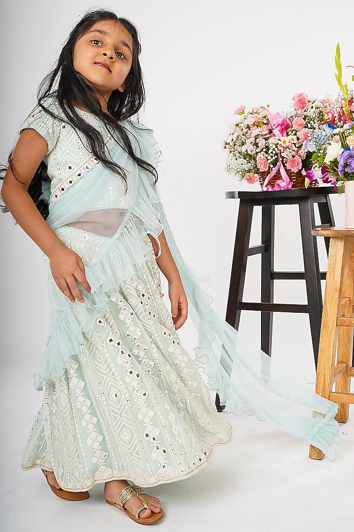 Light Blue Fabric Embroidered Lehenga Set For Girls by SHRUTI JALAN at Pernia's Pop Up Shop