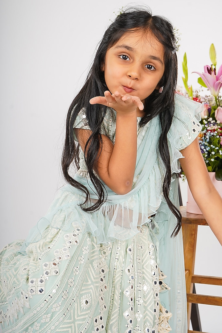 Light Blue Fabric Embroidered Lehenga Set For Girls by SHRUTI JALAN at Pernia's Pop Up Shop