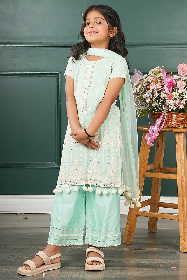 Light Blue Georgette Embroidered Kurta Set For Girls by SHRUTI JALAN at Pernia's Pop Up Shop