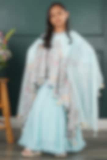 Light Blue Net Embroidered Cape Set For Girls by SHRUTI JALAN at Pernia's Pop Up Shop