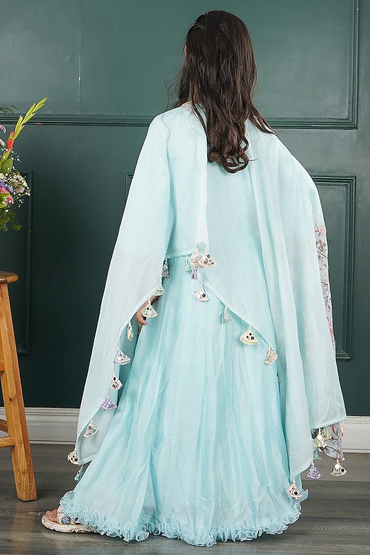 Light Blue Net Embroidered Cape Set For Girls by SHRUTI JALAN at Pernia's Pop Up Shop