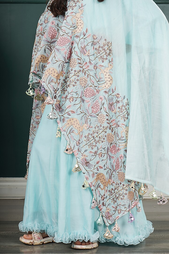 Light Blue Net Embroidered Cape Set For Girls by SHRUTI JALAN at Pernia's Pop Up Shop