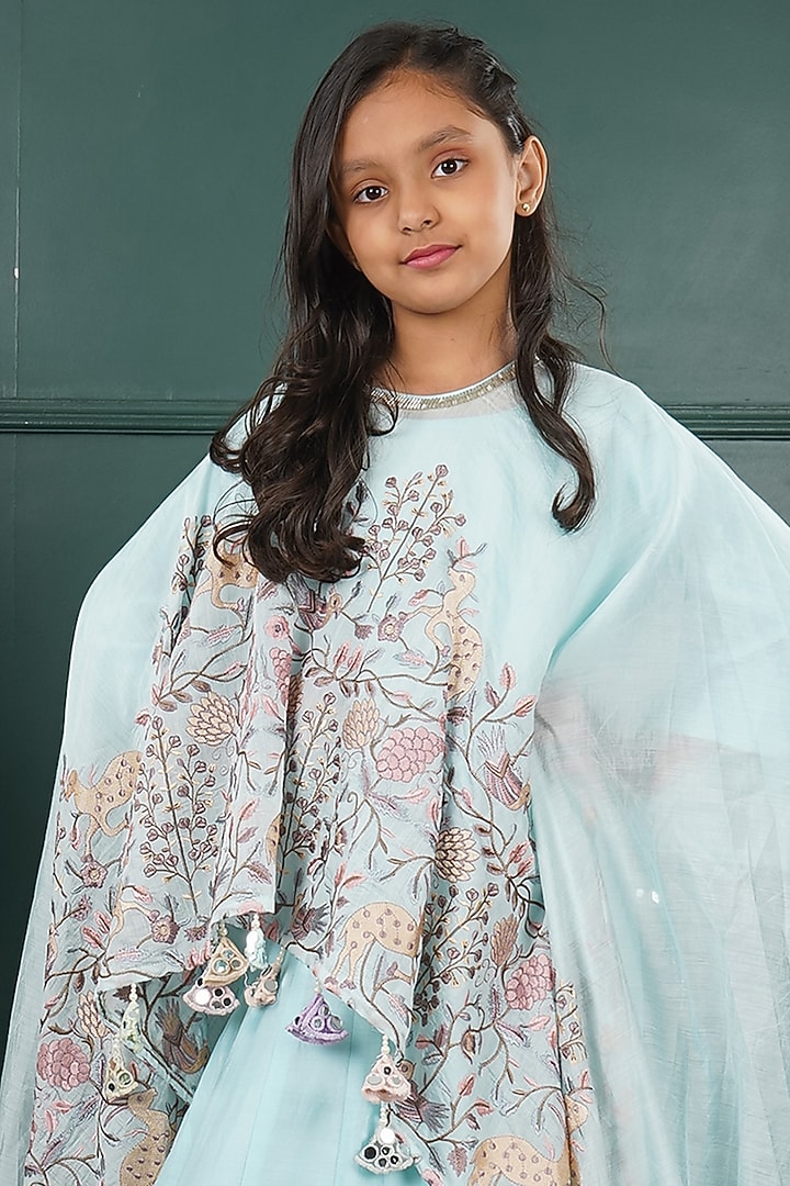 Light Blue Net Embroidered Cape Set For Girls by SHRUTI JALAN at Pernia's Pop Up Shop