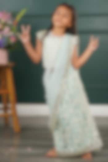 Light Blue Net Embroidered Stitched Saree Set For Girls by SHRUTI JALAN at Pernia's Pop Up Shop