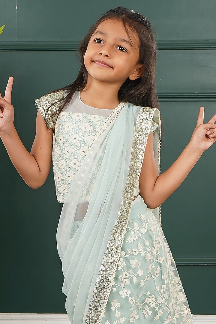 Light Blue Net Embroidered Stitched Saree Set For Girls by SHRUTI JALAN at Pernia's Pop Up Shop
