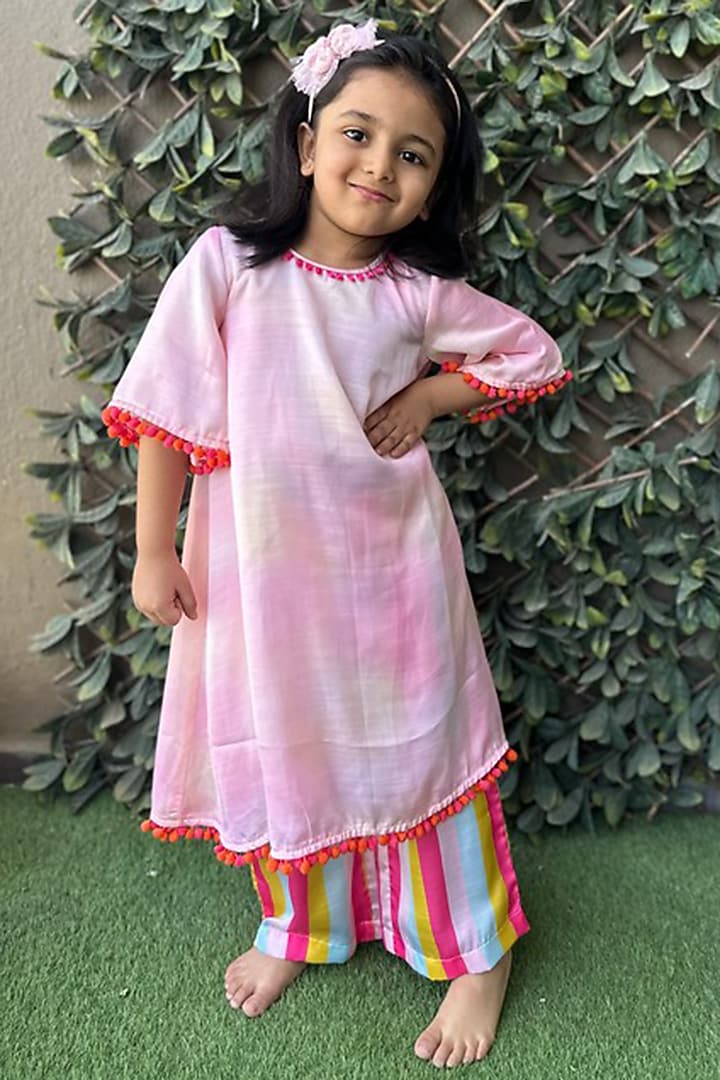 Pink Shaded Linen Silk Tunic Set For Girls by SHRUTI JALAN at Pernia's Pop Up Shop