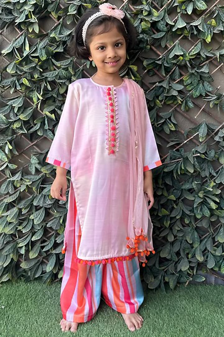 Pink Shaded Linen Silk Tunic Set For Girls by SHRUTI JALAN at Pernia's Pop Up Shop