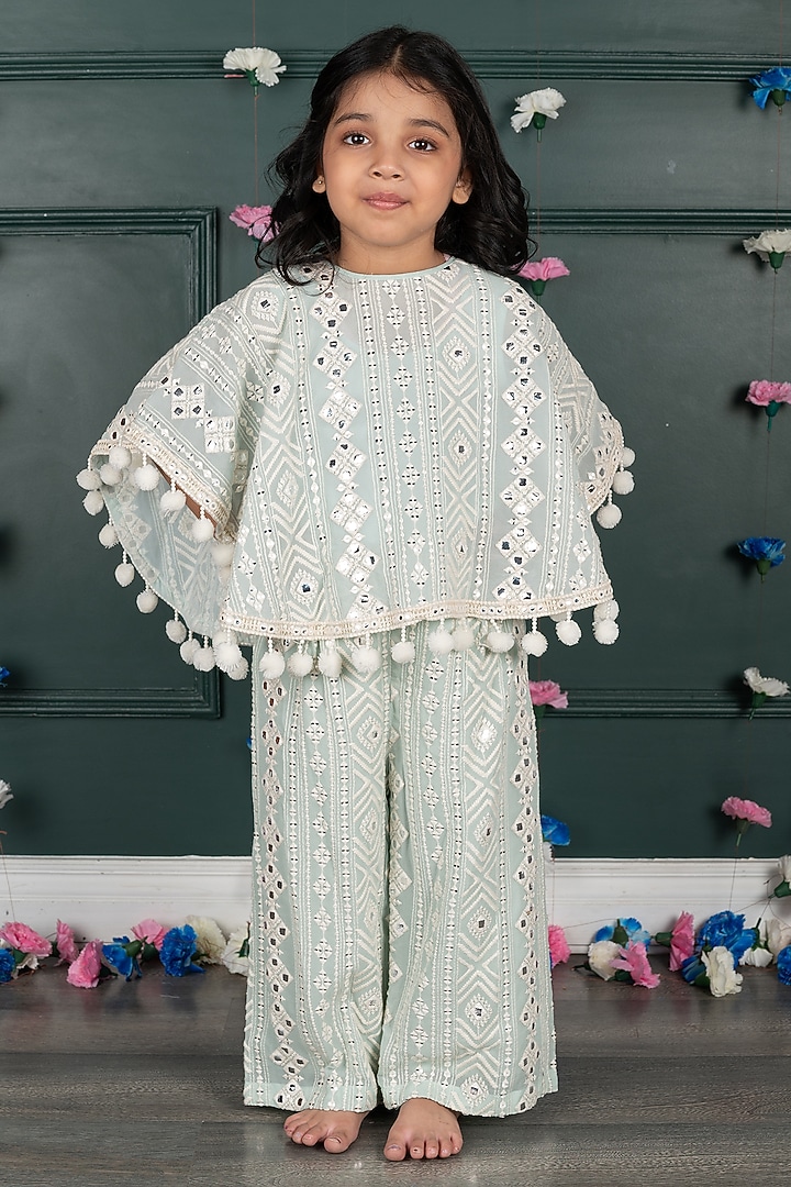 Blue Georgette & Shantoon Embroidered Co-Ord Set For Girls by SHRUTI JALAN at Pernia's Pop Up Shop