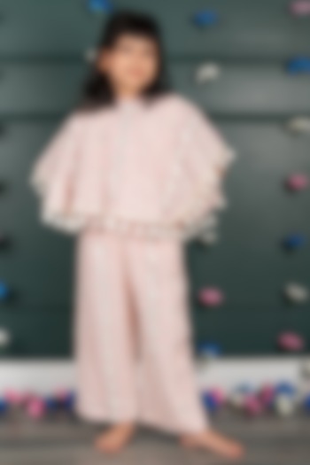 Soft Pink Georgette & Shantoon Embroidered Co-Ord Set For Girls by SHRUTI JALAN at Pernia's Pop Up Shop