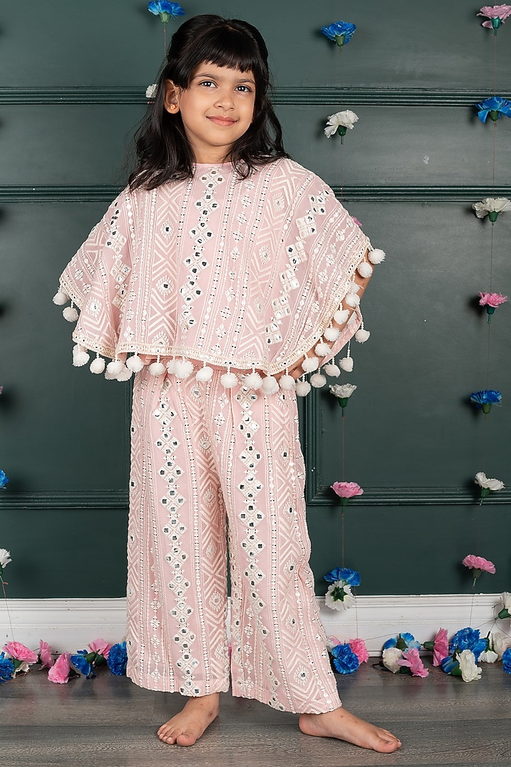 Soft Pink Georgette & Shantoon Embroidered Co-Ord Set For Girls by SHRUTI JALAN at Pernia's Pop Up Shop