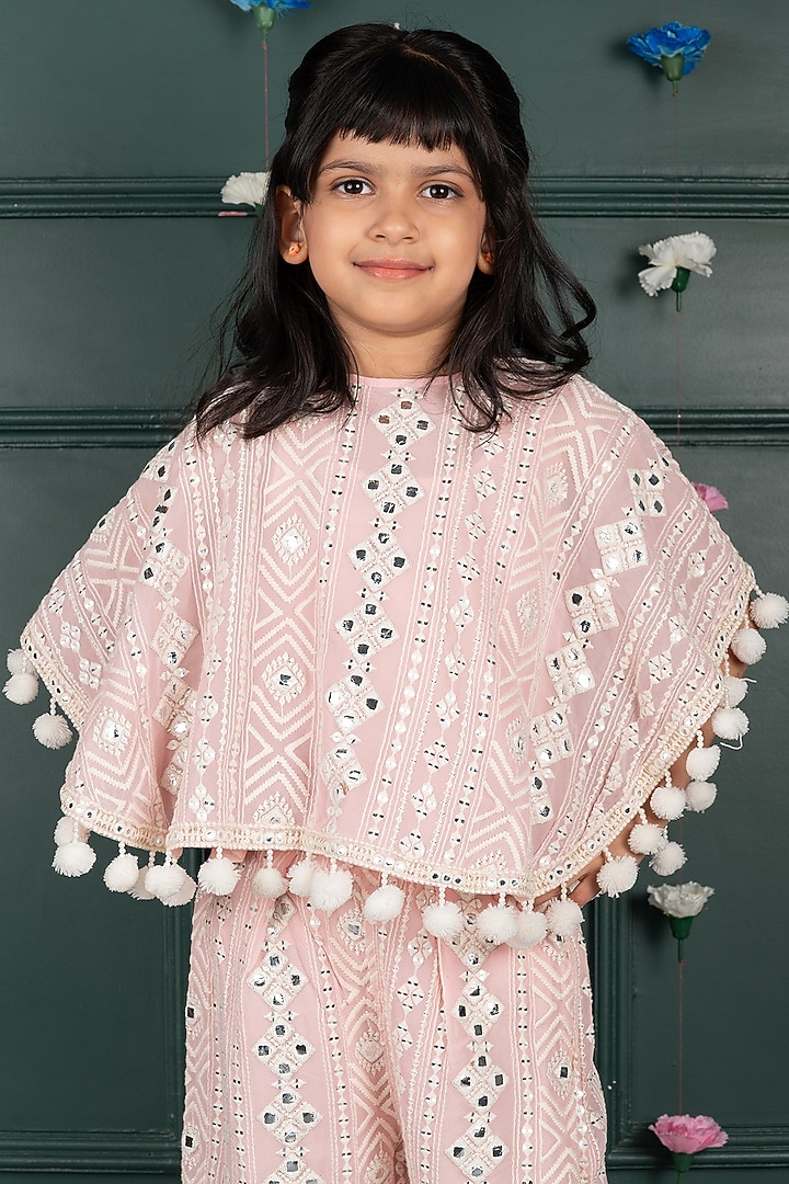 Soft Pink Georgette & Shantoon Embroidered Co-Ord Set For Girls by SHRUTI JALAN at Pernia's Pop Up Shop