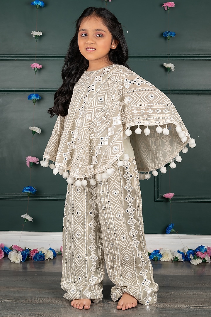 Grey Beige Georgette & Shantoon Embroidered Co-Ord Set For Girls by SHRUTI JALAN at Pernia's Pop Up Shop