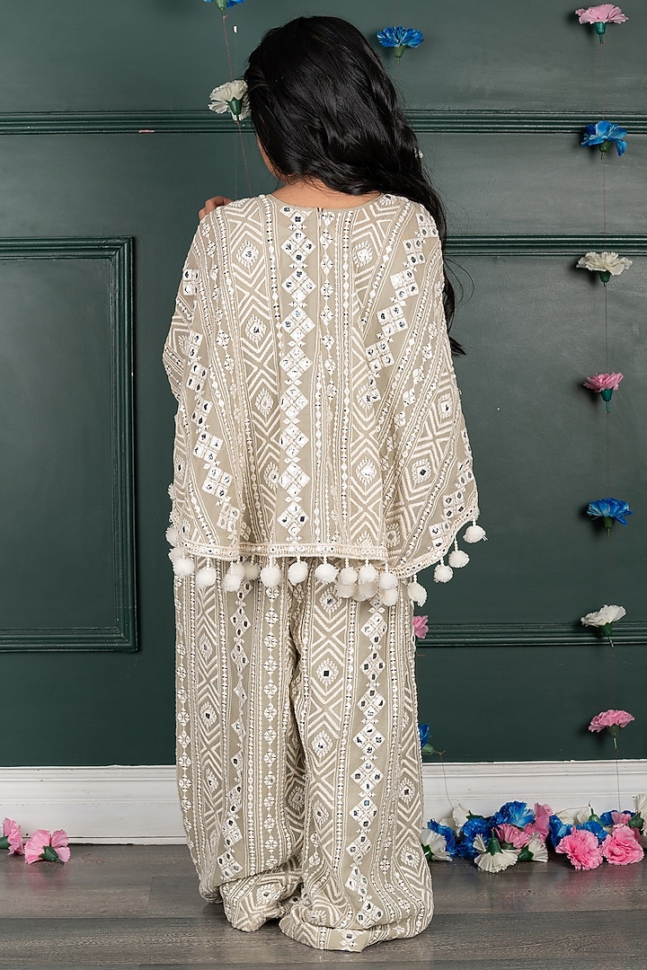 Grey Beige Georgette & Shantoon Embroidered Co-Ord Set For Girls by SHRUTI JALAN at Pernia's Pop Up Shop