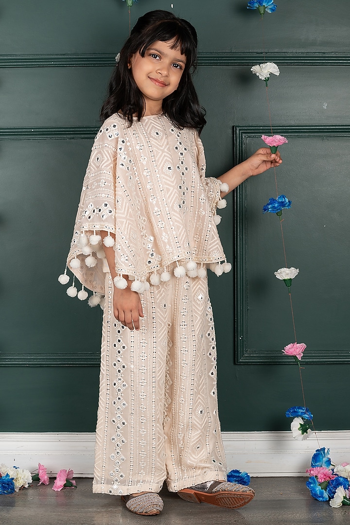 Nude Georgette & Shantoon Embroidered Co-Ord Set For Girls by SHRUTI JALAN at Pernia's Pop Up Shop