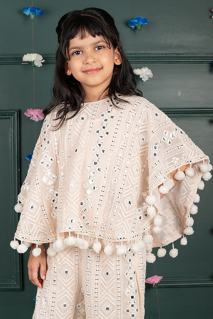 Nude Georgette & Shantoon Embroidered Co-Ord Set For Girls by SHRUTI JALAN at Pernia's Pop Up Shop