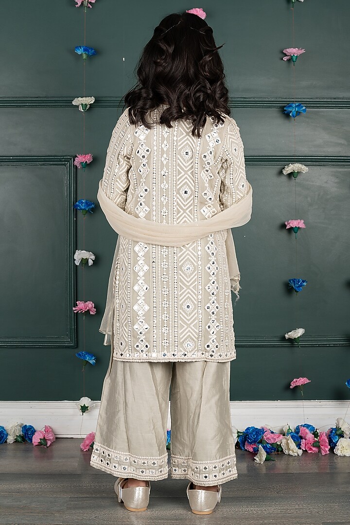 Grey Beige Georgette & Shantoon Embroidered Kurta Set For Girls by SHRUTI JALAN at Pernia's Pop Up Shop