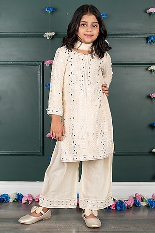 Nude Georgette & Shantoon Embroidered Kurta Set For Girls by SHRUTI JALAN