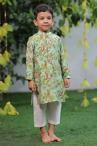 Green Chanderi Printed Kurta Set For Boys by SHRUTI JALAN