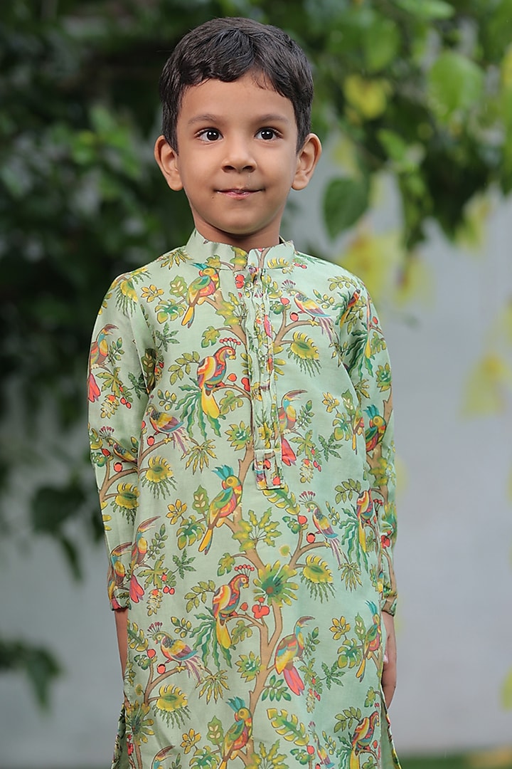 Green Chanderi Printed Kurta Set For Boys by SHRUTI JALAN at Pernia's Pop Up Shop