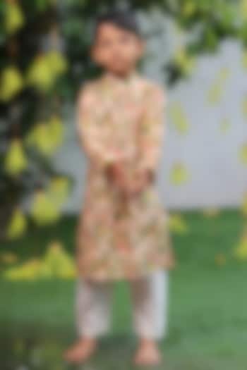 Peach Chanderi Printed Kurta Set For Boys by SHRUTI JALAN at Pernia's Pop Up Shop