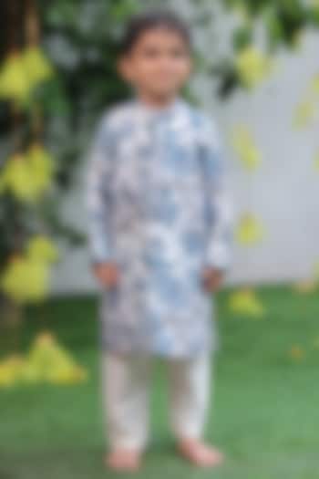 Blue & White Chanderi Printed Kurta Set For Boys by SHRUTI JALAN at Pernia's Pop Up Shop