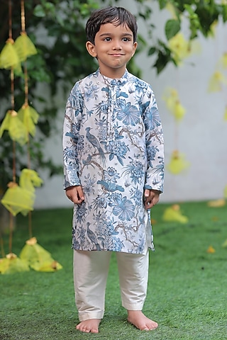 Blue & White Chanderi Printed Kurta Set For Boys by SHRUTI JALAN