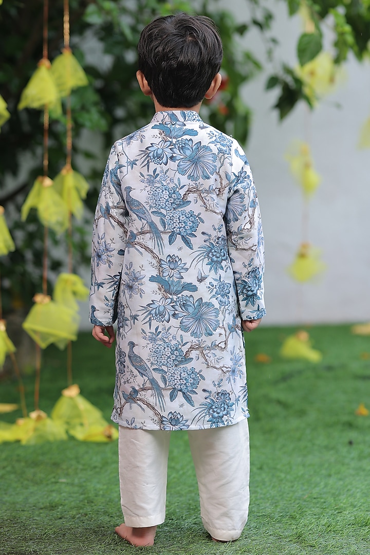 Blue & White Chanderi Printed Kurta Set For Boys by SHRUTI JALAN at Pernia's Pop Up Shop