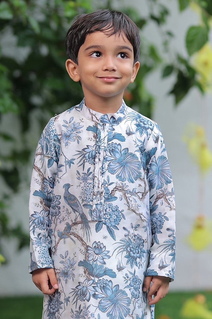 Blue & White Chanderi Printed Kurta Set For Boys by SHRUTI JALAN at Pernia's Pop Up Shop