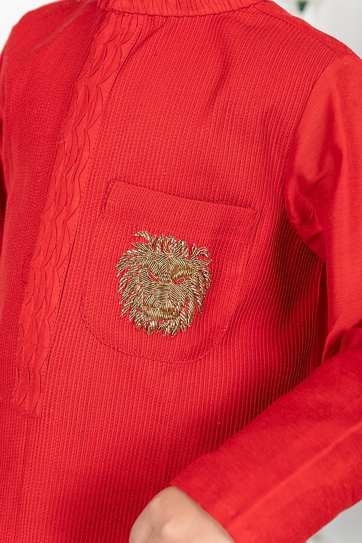 Red Cotton Silk Embroidered Kurta Set For Boys by SHRUTI JALAN at Pernia's Pop Up Shop