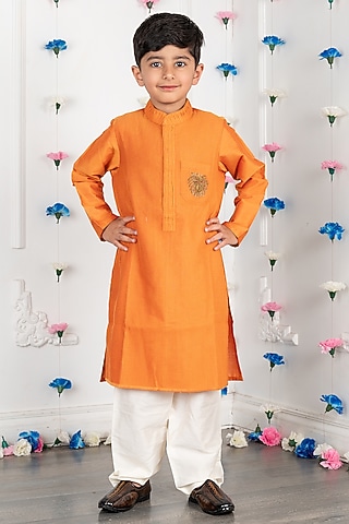 Saffron Cotton Silk Embroidered Kurta Set For Boys by SHRUTI JALAN
