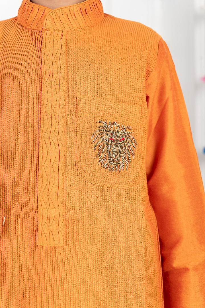 Saffron Cotton Silk Embroidered Kurta Set For Boys by SHRUTI JALAN at Pernia's Pop Up Shop