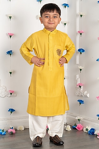 Yellow Cotton Silk Embroidered Kurta Set For Boys by SHRUTI JALAN